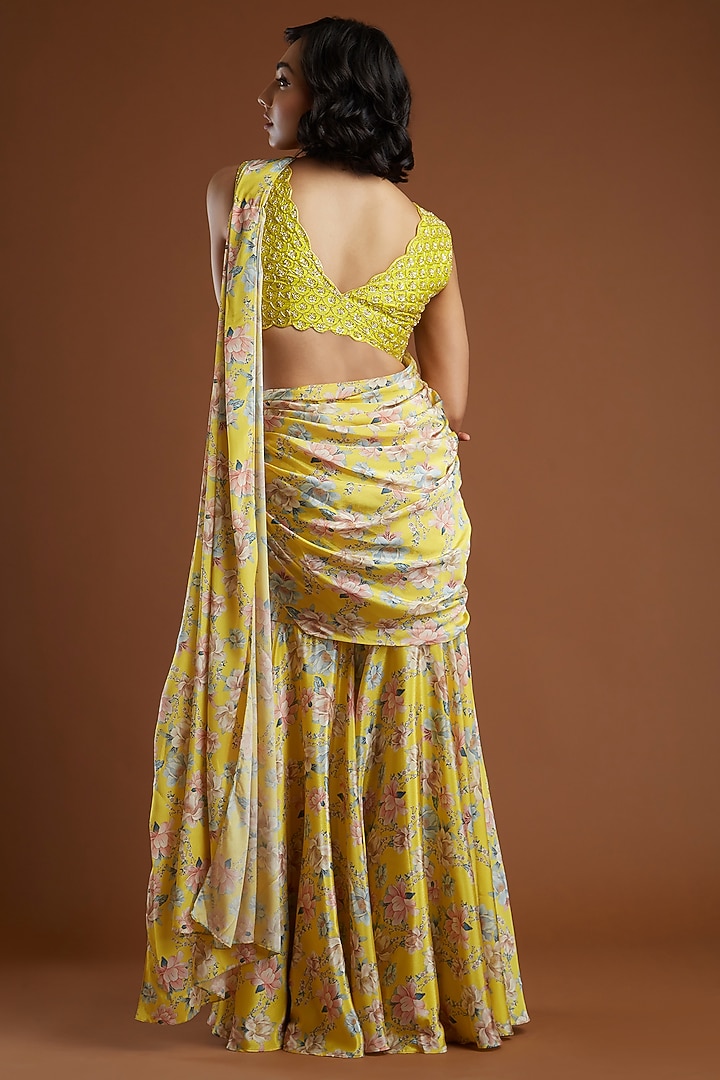 Yellow Printed Gharara Wedding Saree With Blouse by Aayushi Maniar at Pernia's Pop Up Shop