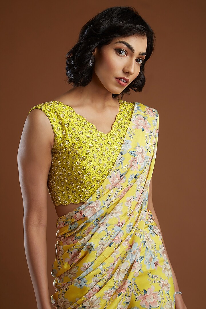 Yellow Printed Gharara Wedding Saree With Blouse by Aayushi Maniar at Pernia's Pop Up Shop