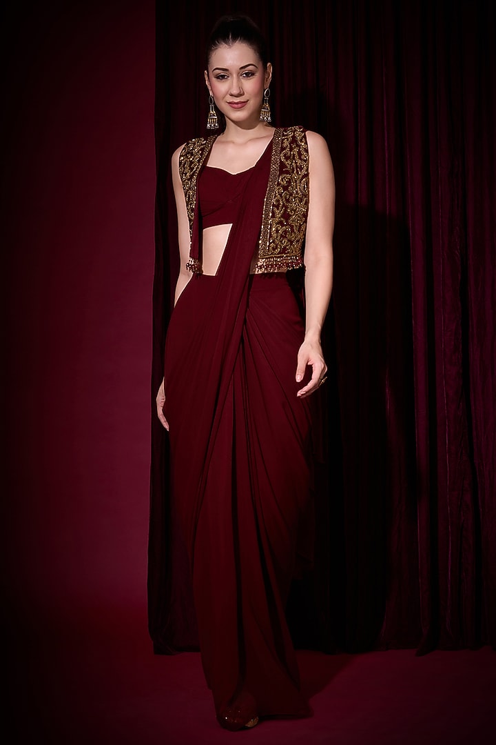 Maroon Georgette Draped Jacket Wedding Saree Set by Aayushi Maniar at Pernia's Pop Up Shop