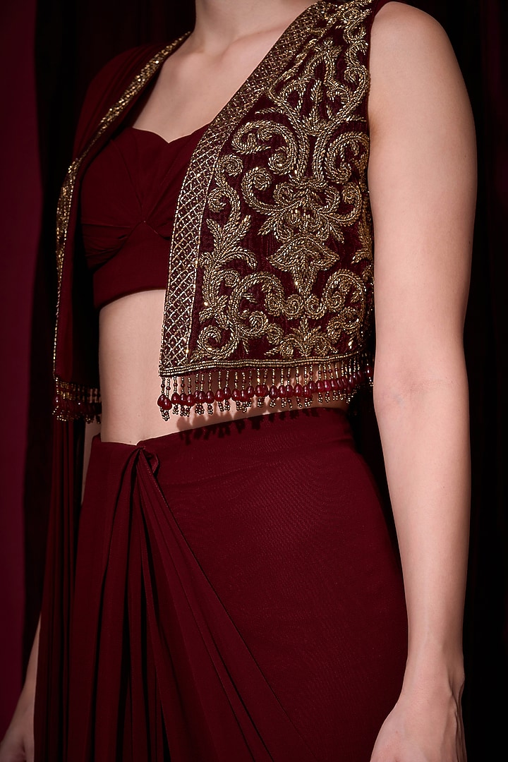 Maroon Georgette Draped Jacket Wedding Saree Set by Aayushi Maniar at Pernia's Pop Up Shop