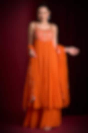 Orange Georgette Hand Embroidered Wedding Anarkali Set by Aayushi Maniar at Pernia's Pop Up Shop