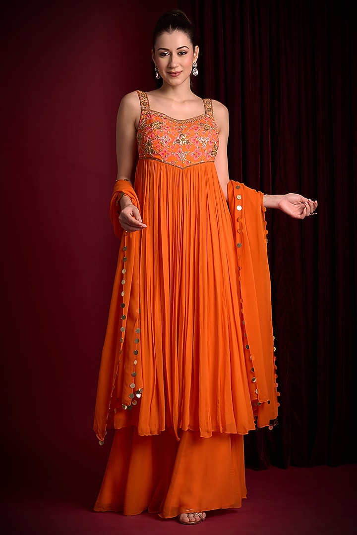 Orange Georgette Hand Embroidered Wedding Anarkali Set by Aayushi Maniar at Pernia's Pop Up Shop