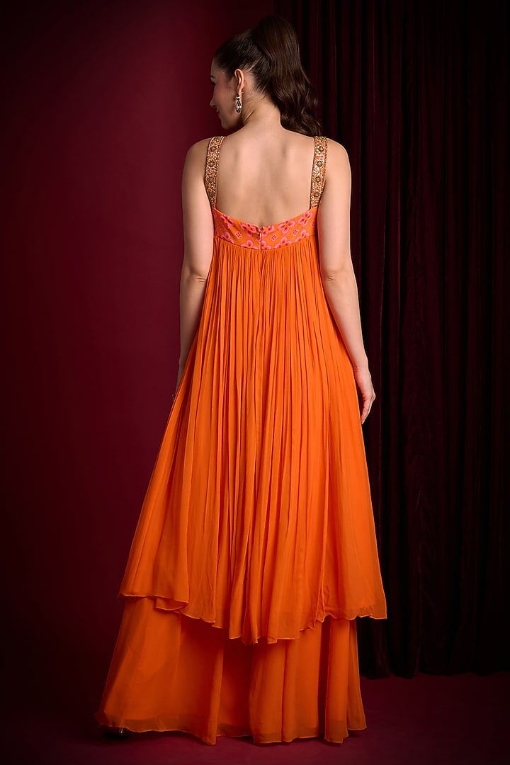 Orange Georgette Hand Embroidered Wedding Anarkali Set by Aayushi Maniar at Pernia's Pop Up Shop