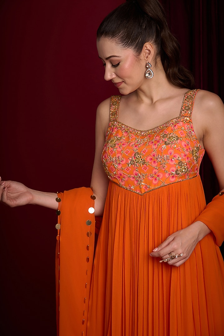 Orange Georgette Hand Embroidered Wedding Anarkali Set by Aayushi Maniar at Pernia's Pop Up Shop