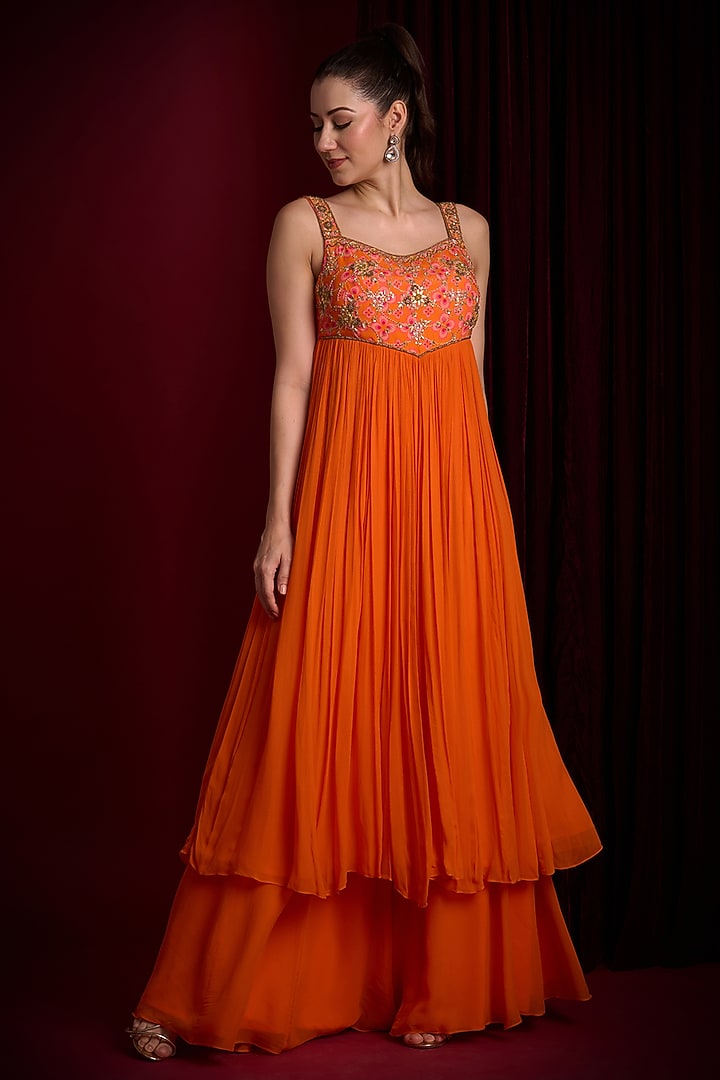 Orange Georgette Hand Embroidered Wedding Anarkali Set by Aayushi Maniar at Pernia's Pop Up Shop