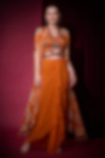 Orange Georgette Draped Skirt Set by Aayushi Maniar at Pernia's Pop Up Shop