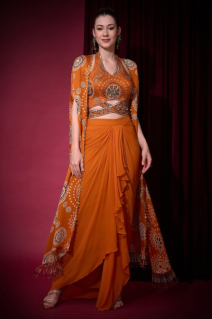 Orange Georgette Draped Skirt Set by Aayushi Maniar at Pernia's Pop Up Shop