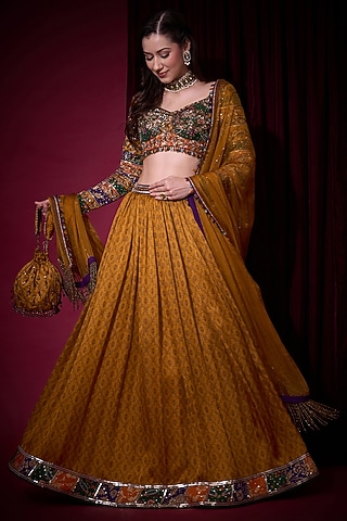 Mustard Tissue Lehenga Set by Aayushi Maniar