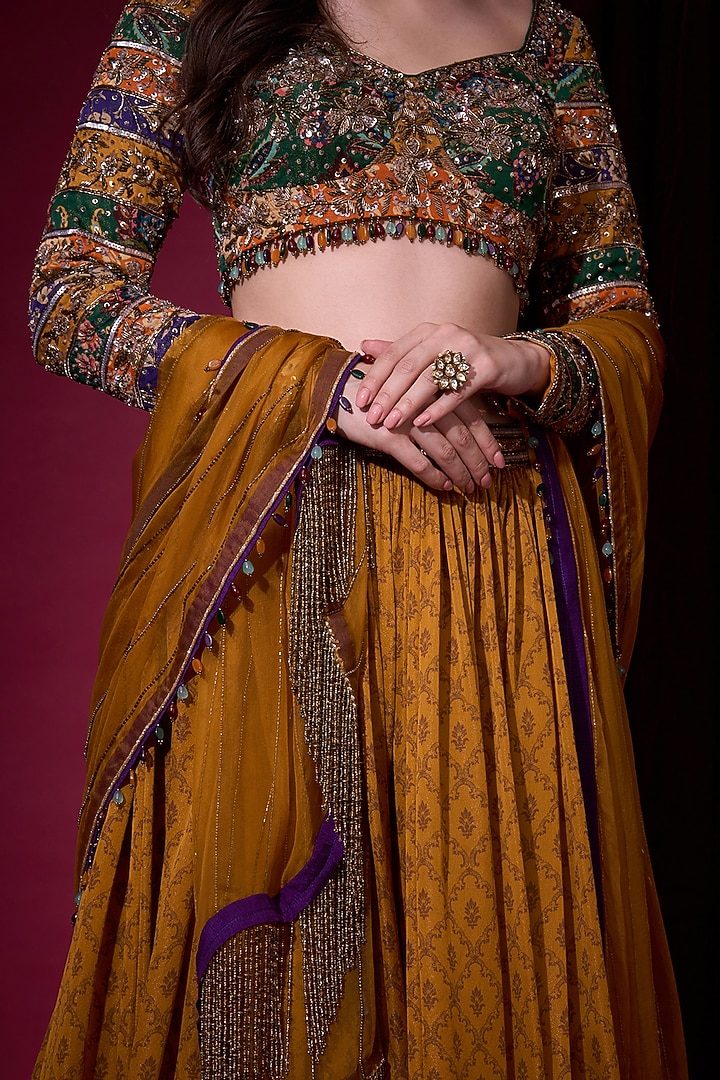 Mustard Tissue Bridal Lehenga Set by Aayushi Maniar at Pernia's Pop Up Shop