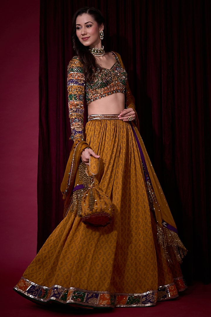 Mustard Tissue Bridal Lehenga Set by Aayushi Maniar at Pernia's Pop Up Shop