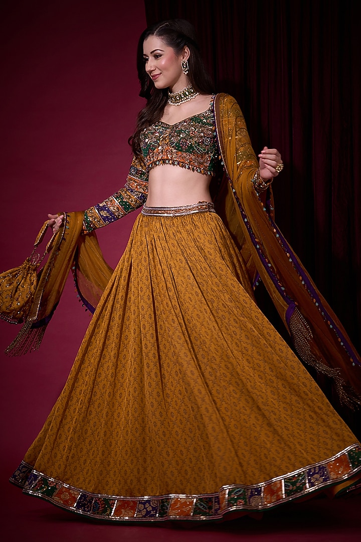 Mustard Tissue Bridal Lehenga Set by Aayushi Maniar at Pernia's Pop Up Shop