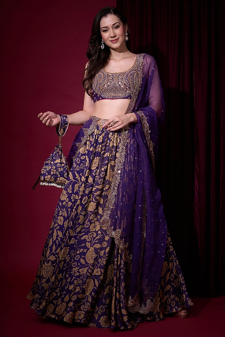 Purple Tissue Hand Embroidered Wedding Lehenga Set by Aayushi Maniar at Pernia's Pop Up Shop