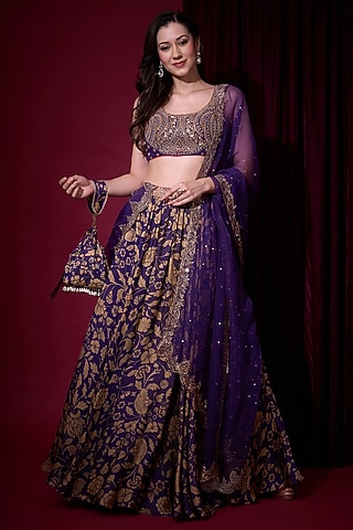 Purple Tissue Hand Embroidered Lehenga Set by Aayushi Maniar