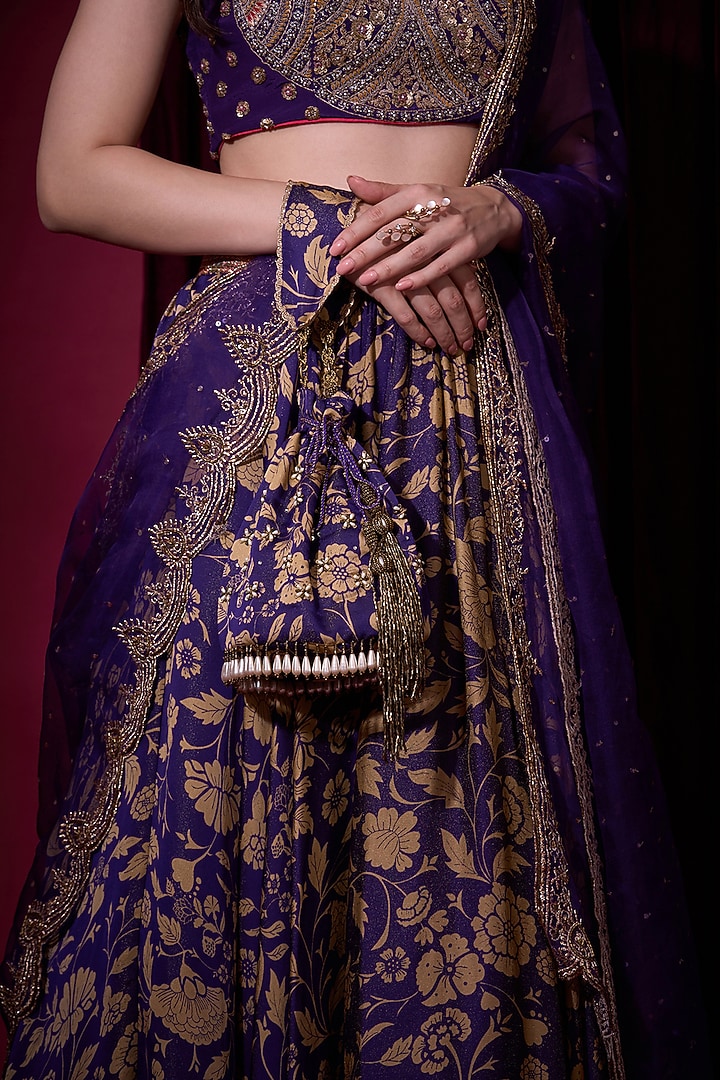 Purple Tissue Hand Embroidered Wedding Lehenga Set by Aayushi Maniar at Pernia's Pop Up Shop