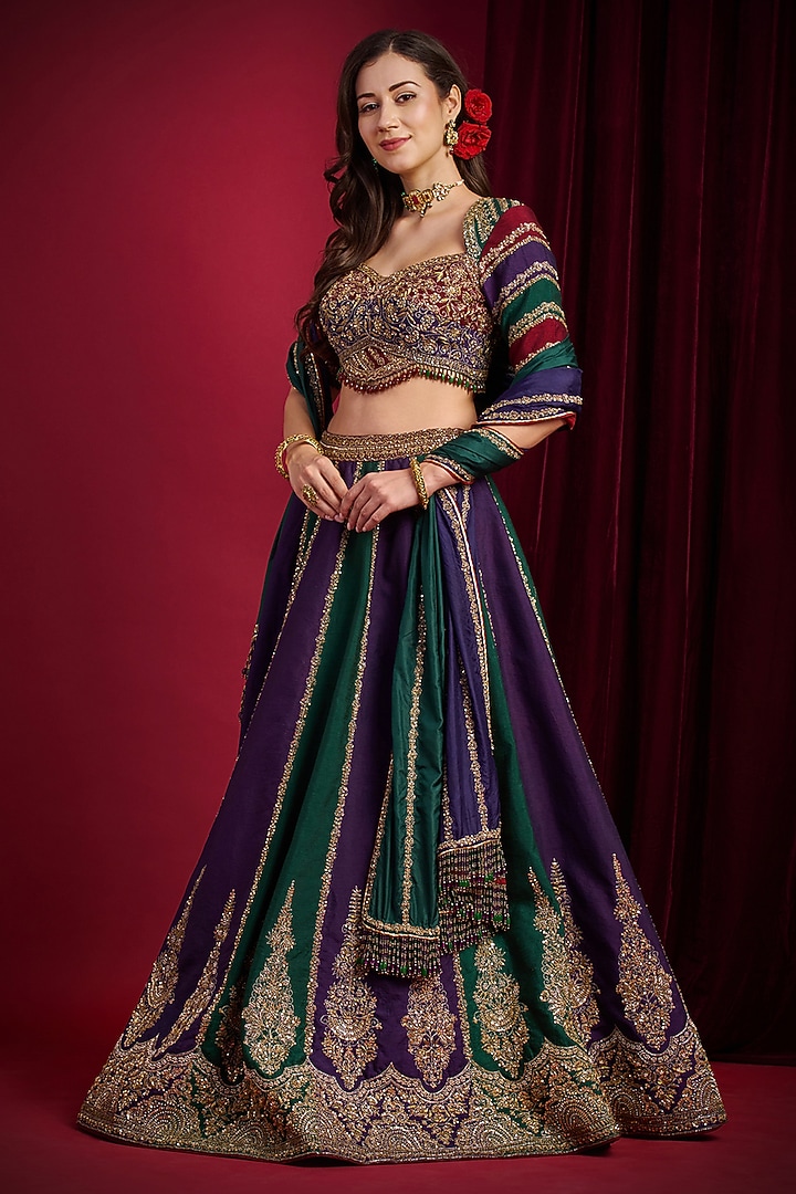 Purple & Green Raw Silk Hand Embroidered Bridal Lehenga Set by Aayushi Maniar at Pernia's Pop Up Shop