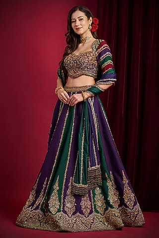 Purple & Green Raw Silk Hand Embroidered Lehenga Set by Aayushi Maniar