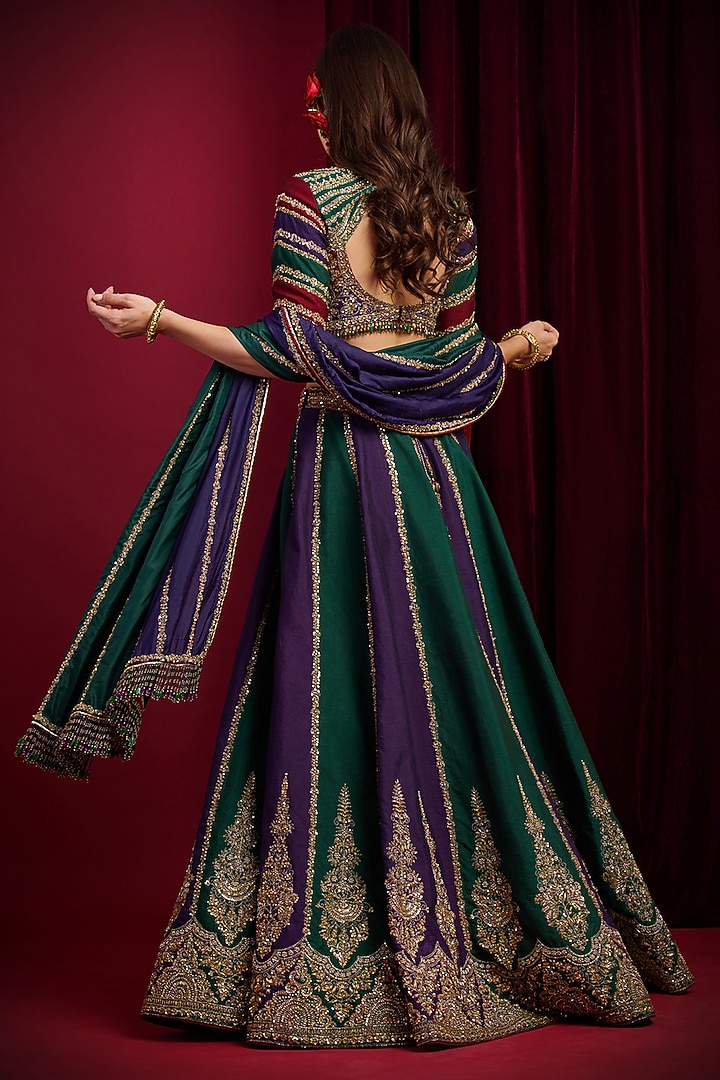 Purple & Green Raw Silk Hand Embroidered Bridal Lehenga Set by Aayushi Maniar at Pernia's Pop Up Shop