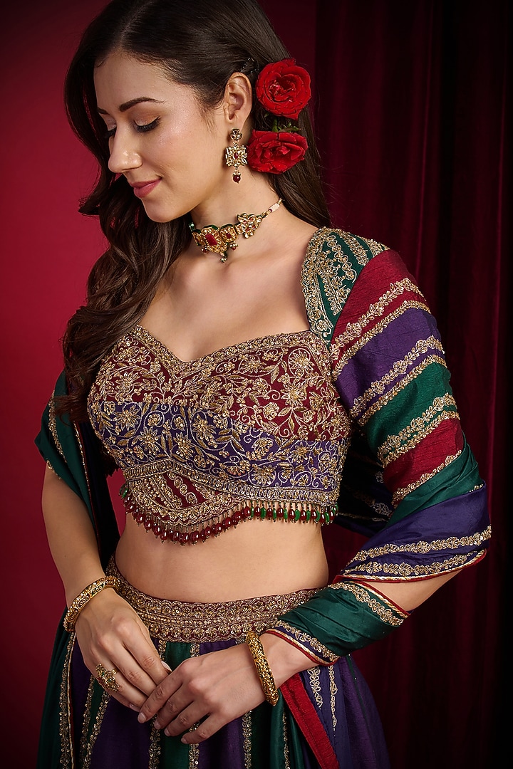 Purple & Green Raw Silk Hand Embroidered Bridal Lehenga Set by Aayushi Maniar at Pernia's Pop Up Shop