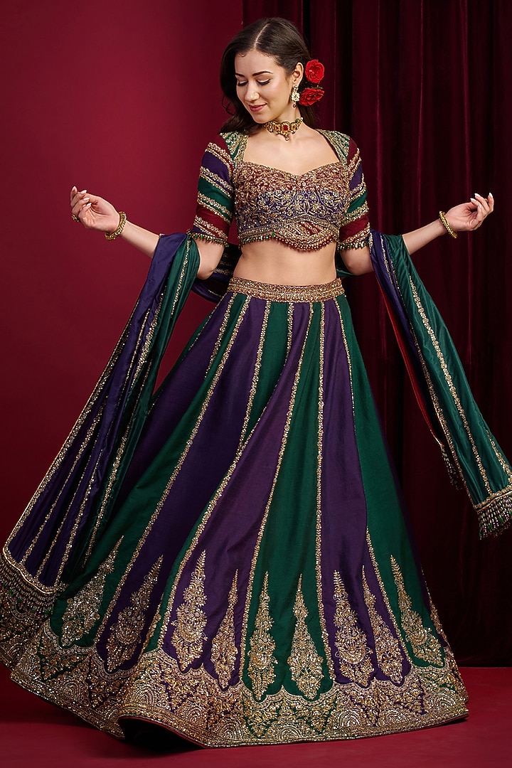 Purple & Green Raw Silk Hand Embroidered Bridal Lehenga Set by Aayushi Maniar at Pernia's Pop Up Shop