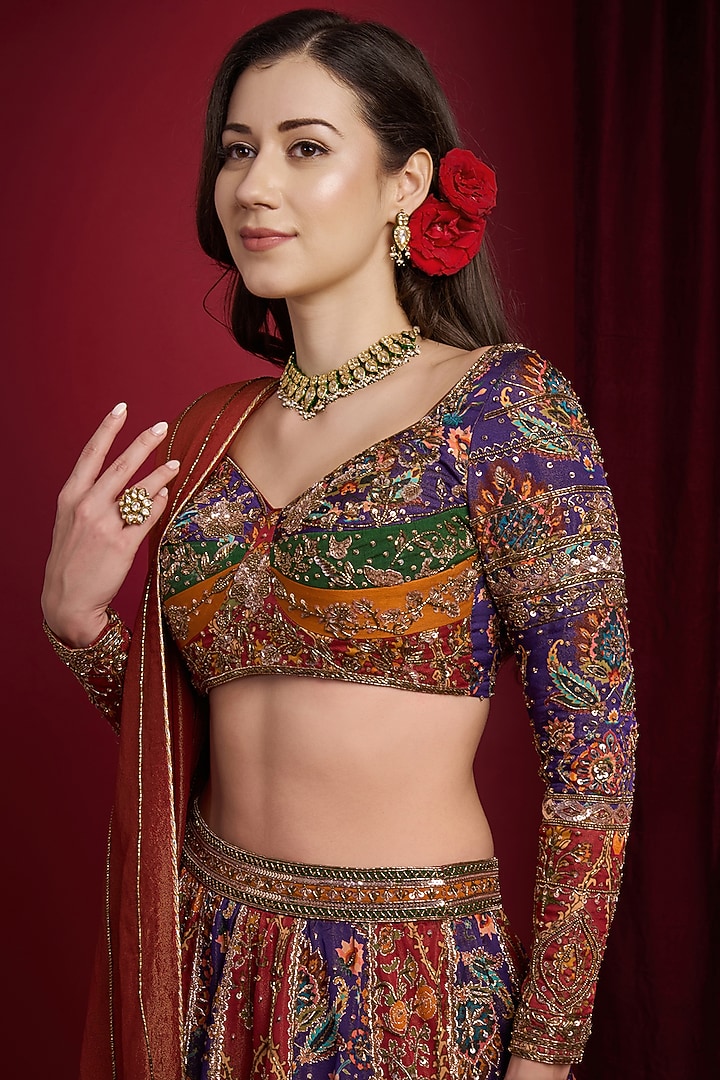 Multi-Colored Organza Tissue Hand Embroidered Bridal Lehenga Set by Aayushi Maniar at Pernia's Pop Up Shop