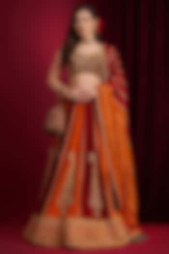 Red & Orange Raw Silk Hand Embroidered Bridal Lehenga Set by Aayushi Maniar at Pernia's Pop Up Shop