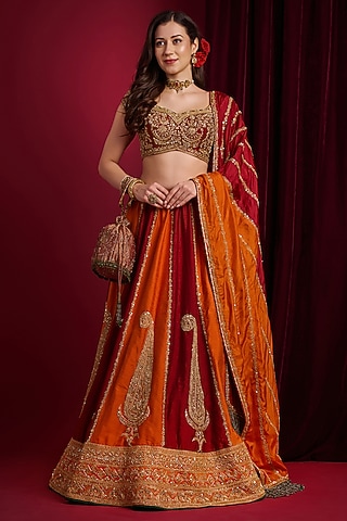 Red & Orange Raw Silk Hand Embroidered Lehenga Set by Aayushi Maniar