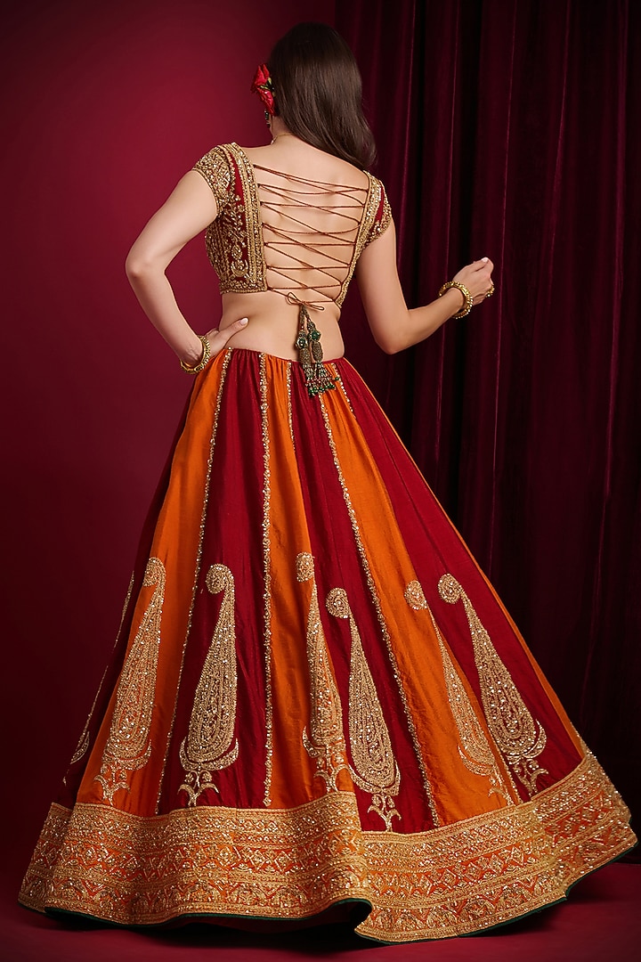 Red & Orange Raw Silk Hand Embroidered Bridal Lehenga Set by Aayushi Maniar at Pernia's Pop Up Shop