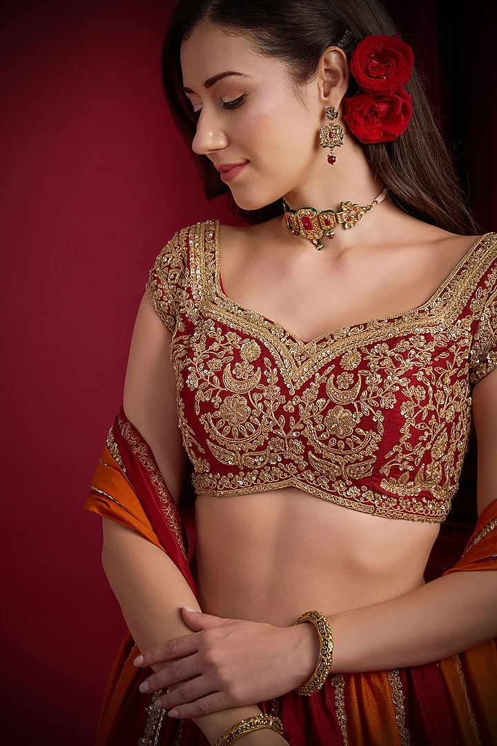 Red & Orange Raw Silk Hand Embroidered Bridal Lehenga Set by Aayushi Maniar at Pernia's Pop Up Shop