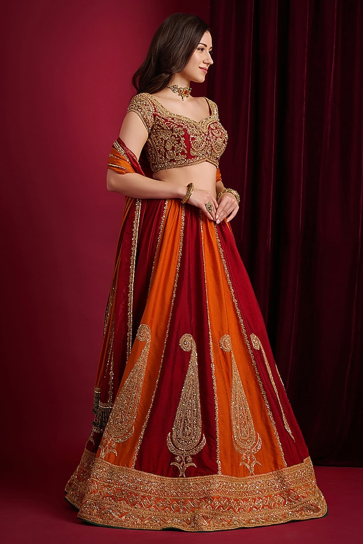 Red & Orange Raw Silk Hand Embroidered Bridal Lehenga Set by Aayushi Maniar at Pernia's Pop Up Shop