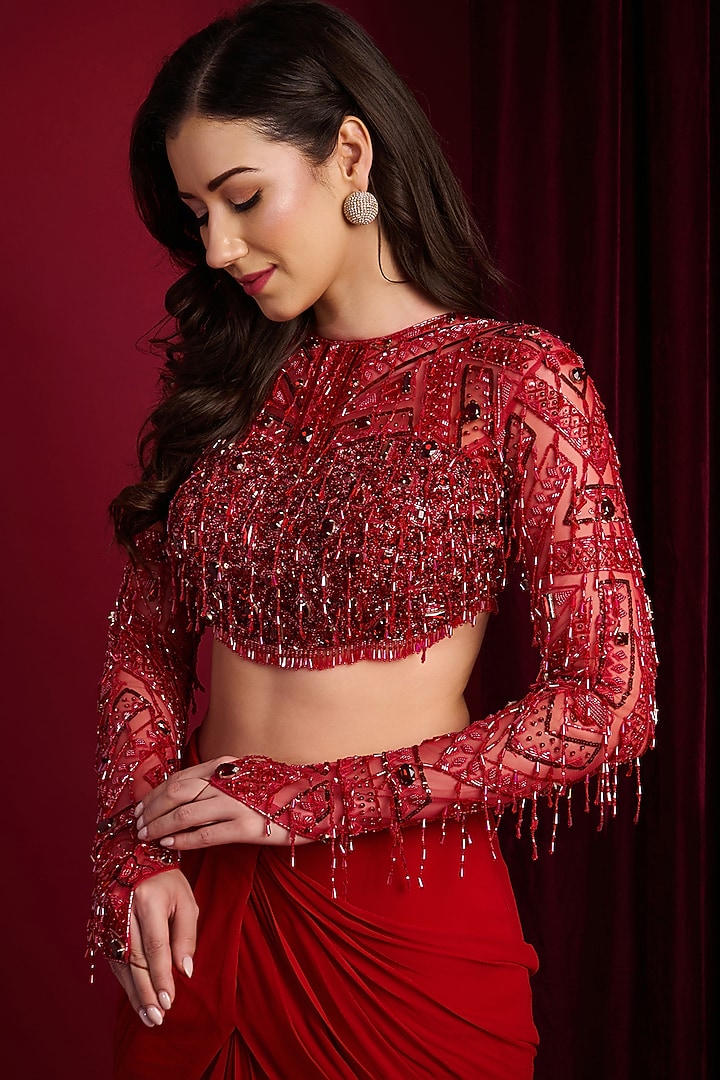 Red Georgette Mermaid Wedding Lehenga Set by Aayushi Maniar at Pernia's Pop Up Shop