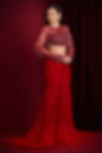 Red Georgette Mermaid Wedding Lehenga Set by Aayushi Maniar at Pernia's Pop Up Shop