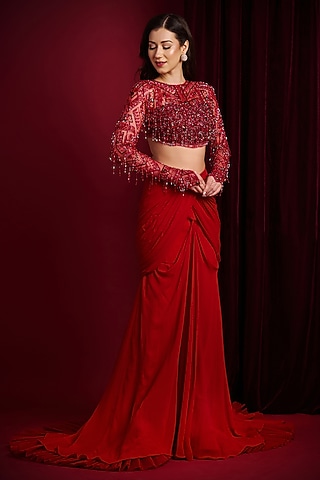 taffeta mermaid prom dress GLS Red Two Piece Taffeta Formal Dress - Embellished Crop Top & Fish Tail Gown