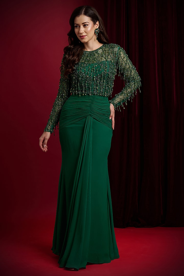 Green Georgette Mermaid Wedding Lehenga Set by Aayushi Maniar at Pernia's Pop Up Shop