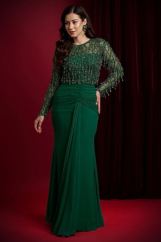 Green Georgette Mermaid Lehenga Set by Aayushi Maniar