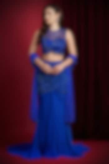 Blue Georgette Hand Embroidered Draped Wedding Lehenga Set by Aayushi Maniar at Pernia's Pop Up Shop