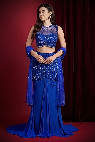 Blue Georgette Hand Embroidered Draped Lehenga Set by Aayushi Maniar
