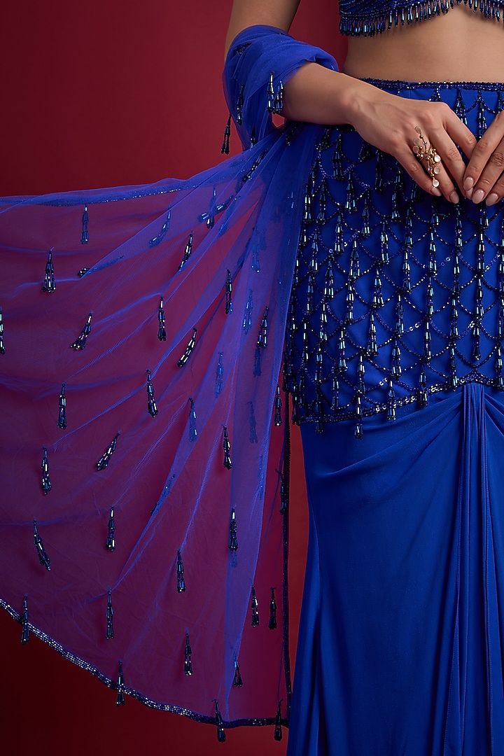 Blue Georgette Hand Embroidered Draped Wedding Lehenga Set by Aayushi Maniar at Pernia's Pop Up Shop