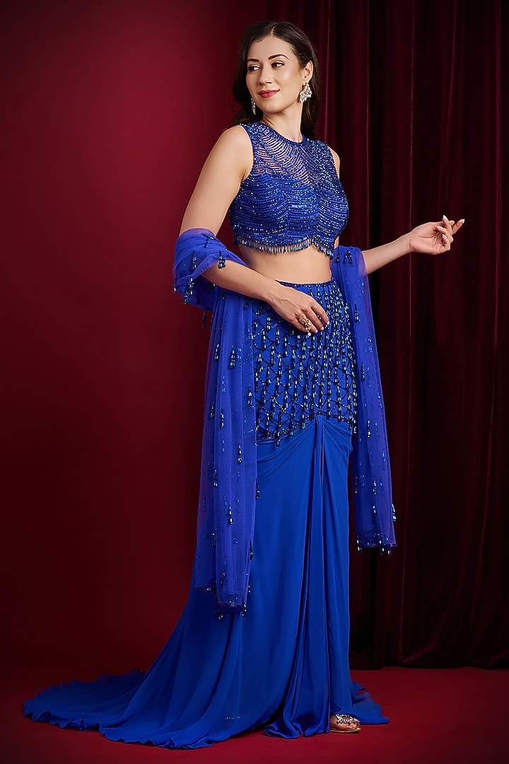 Blue Georgette Hand Embroidered Draped Wedding Lehenga Set by Aayushi Maniar at Pernia's Pop Up Shop