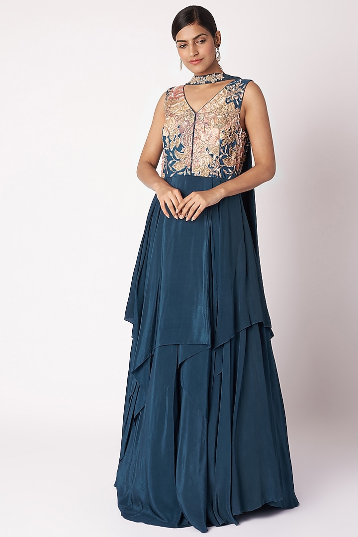 Navy Blue Embroidered & Printed Anarkali Set by Aayushi Maniar