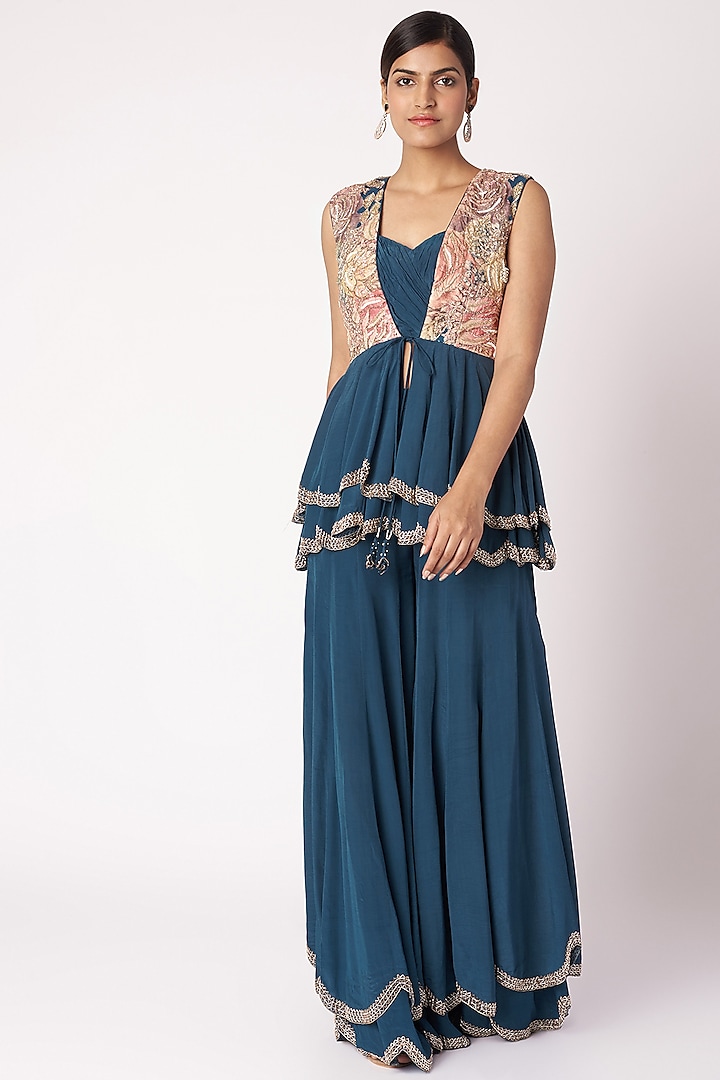 Navy Blue Embroidered Printed Jacket & Pants Set by Aayushi Maniar