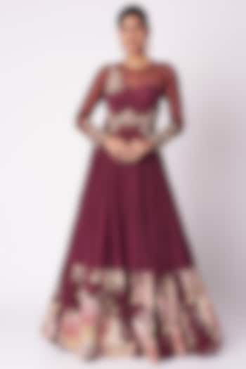 Wine Embroidered & Printed Gown by Aayushi Maniar