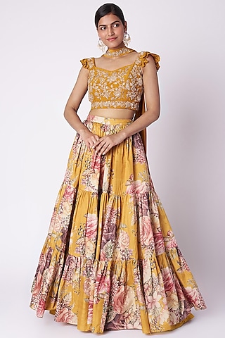 Mustard Yellow Embroidered & Printed Lehenga Set by Aayushi Maniar