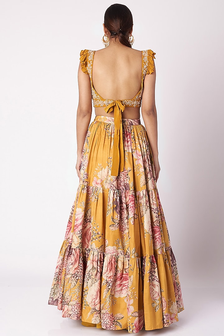 Mustard Yellow Embroidered & Printed Wedding Lehenga Set by Aayushi Maniar at Pernia's Pop Up Shop