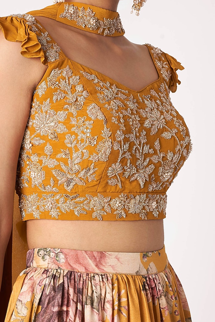 Mustard Yellow Embroidered & Printed Wedding Lehenga Set by Aayushi Maniar at Pernia's Pop Up Shop