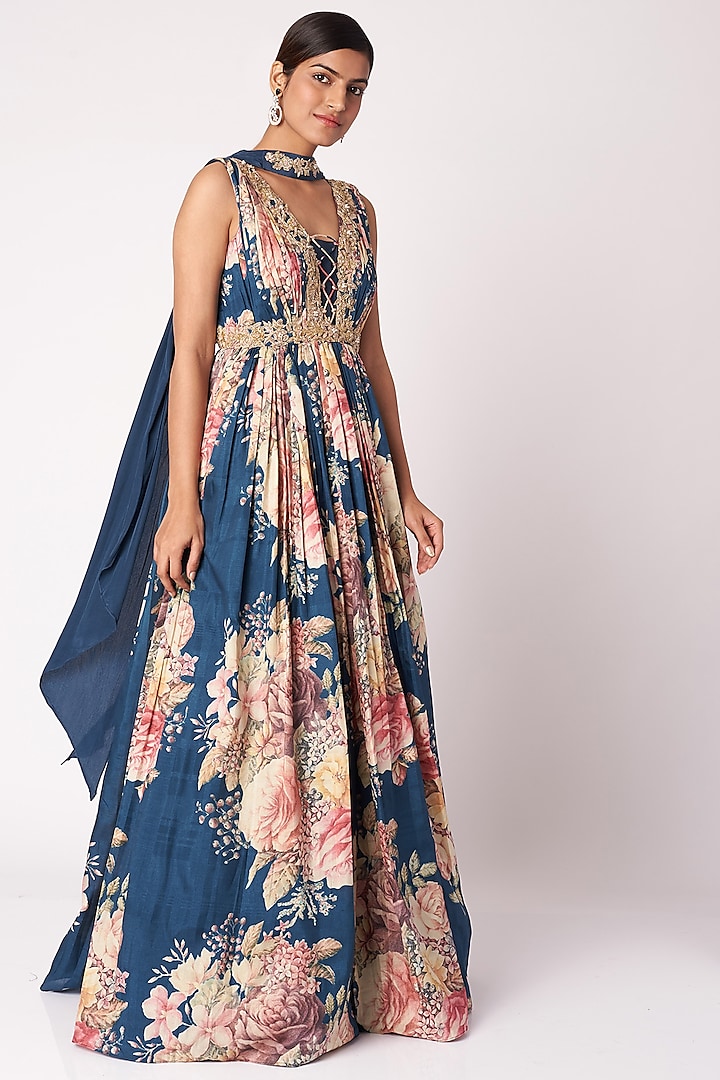 Navy Blue Embroidered & Printed Anarkali With Dupatta by Aayushi Maniar