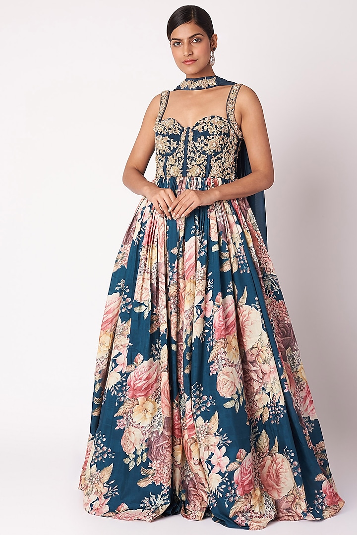 Navy Blue Embroidered Anarkali Set by Aayushi Maniar