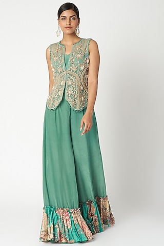 Aqua Blue Embroidered Printed Jacket With Bustier & Pants by Aayushi Maniar