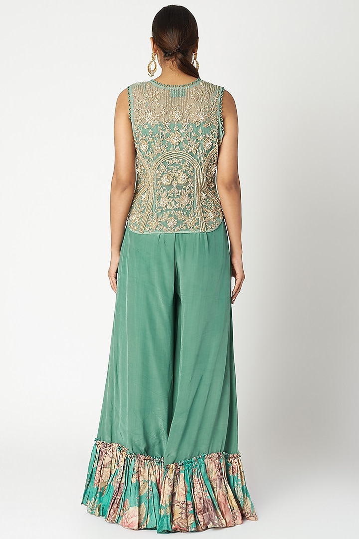 Aqua Blue Embroidered Printed Jacket With Bustier & Pants by Aayushi Maniar at Pernia's Pop Up Shop