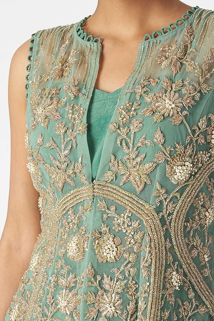 Aqua Blue Embroidered Printed Jacket With Bustier & Pants by Aayushi Maniar at Pernia's Pop Up Shop