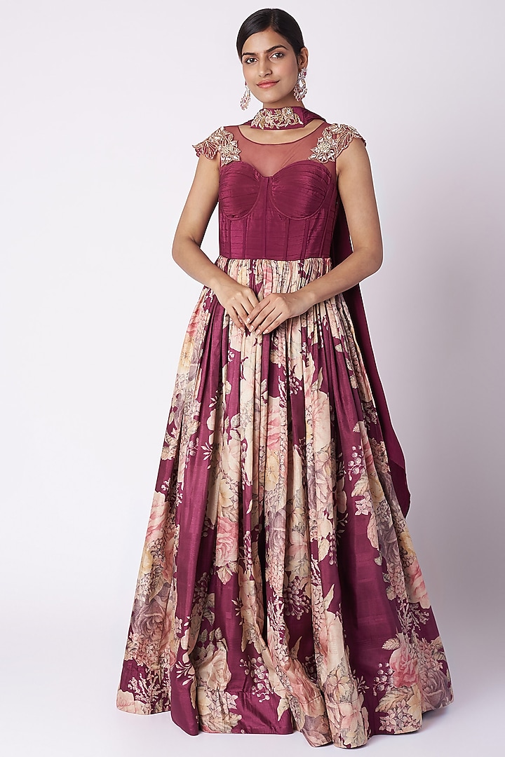 Wine Embroidered & Printed Anarkali With Dupatta by Aayushi Maniar